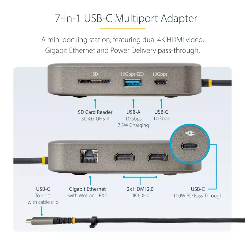 StarTech.com USB C dokinė stotelė, du 4K 60 Hz HDMI, suderinama su Macbook Pro (M1/M2/M3/M4) ir Windows, USB-A/USB-C 10 Gb/s centras, 100 W galios tiekimas, GbE, SD, 22 colių / 56 cm laidas