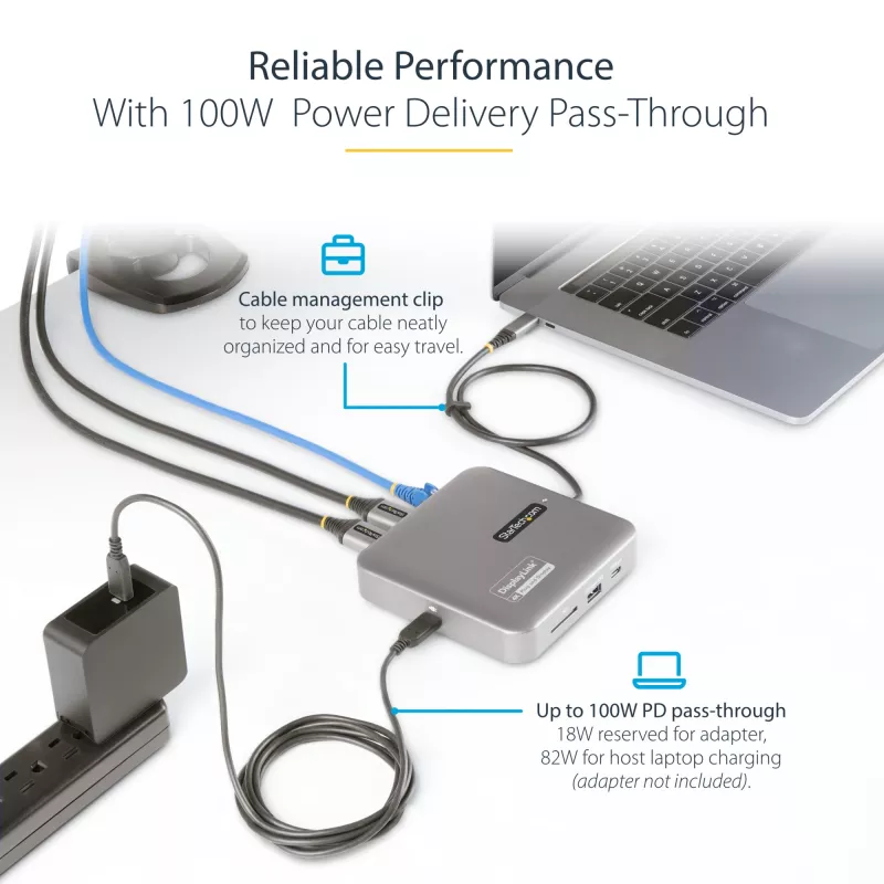 StarTech.com USB C dokinė stotelė, du 4K 60 Hz HDMI, suderinama su Macbook Pro (M1/M2/M3/M4) ir Windows, USB-A/USB-C 10 Gb/s centras, 100 W galios tiekimas, GbE, SD, 22 colių / 56 cm laidas