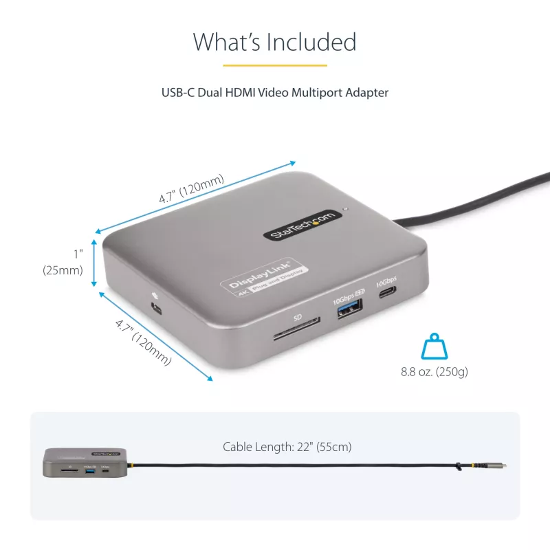 StarTech.com USB C dokinė stotelė, du 4K 60 Hz HDMI, suderinama su Macbook Pro (M1/M2/M3/M4) ir Windows, USB-A/USB-C 10 Gb/s centras, 100 W galios tiekimas, GbE, SD, 22 colių / 56 cm laidas