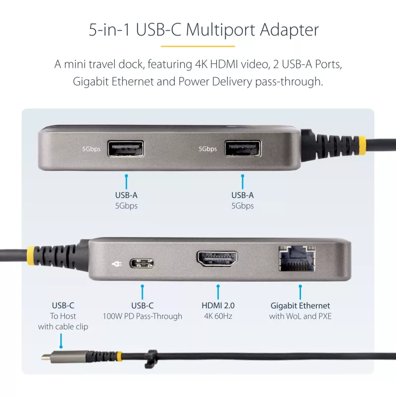 StarTech.com USB-C daugiafunkcis adapteris - 4K 60Hz HDMI - HDR - 2 prievadų 5Gbps USB 3.0 šakotuvas - 100W maitinimo perdavimas - GbE - Works with Chromebook sertifikuotas - Windows/macOS
