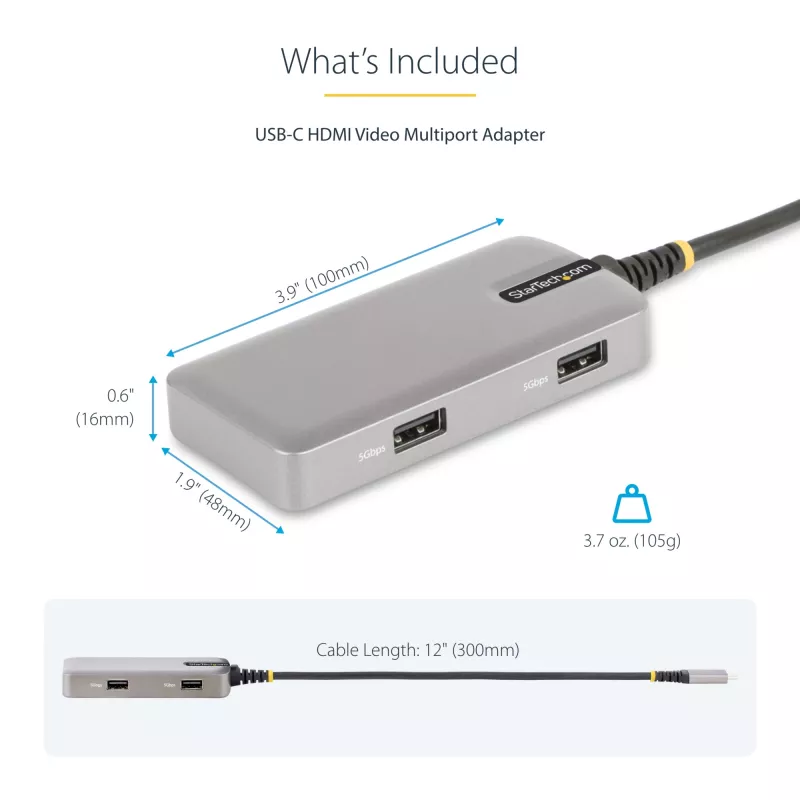StarTech.com USB-C daugiafunkcis adapteris - 4K 60Hz HDMI - HDR - 2 prievadų 5Gbps USB 3.0 šakotuvas - 100W maitinimo perdavimas - GbE - Works with Chromebook sertifikuotas - Windows/macOS