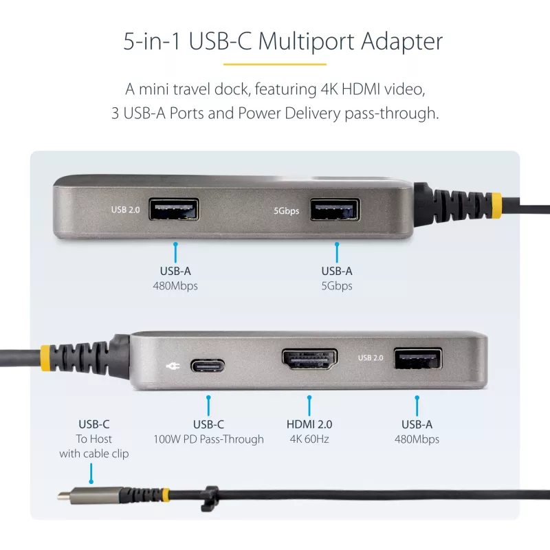 StarTech.com USB-C daugiafunkcis adapteris - 4K 60Hz HDMI su HDR - 3 prievadų USB šakotuvas - 100W maitinimo perdavimas - sertifikuotas veikia su Chromebook - Windows/macOS/iPadOS/Android™