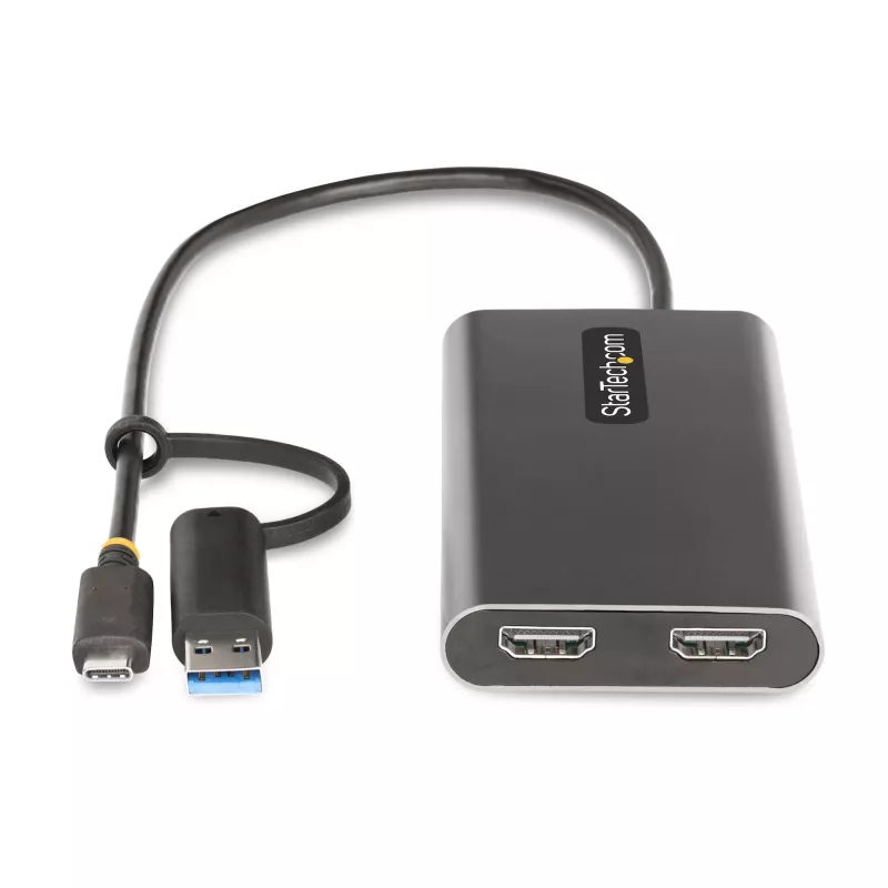 StarTech.com USB-C į dvigubą HDMI adapterį - USB-C arba A į 2x HDMI - 4K 60Hz - 100W maitinimo perdavimas - 1 pėdos (30 cm) integruotas kabelis - USB į HDMI kelių monitorių keitiklis nešiojamam kompiuteriui - TAA
