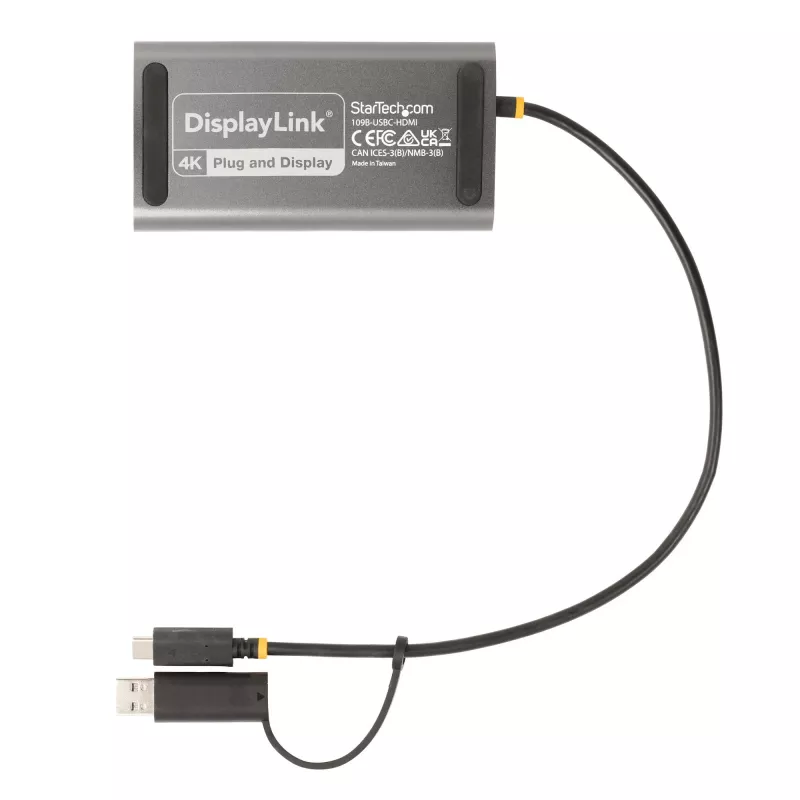 StarTech.com USB-C į dvigubą HDMI adapterį - USB-C arba A į 2x HDMI - 4K 60Hz - 100W maitinimo perdavimas - 1 pėdos (30 cm) integruotas kabelis - USB į HDMI kelių monitorių keitiklis nešiojamam kompiuteriui - TAA