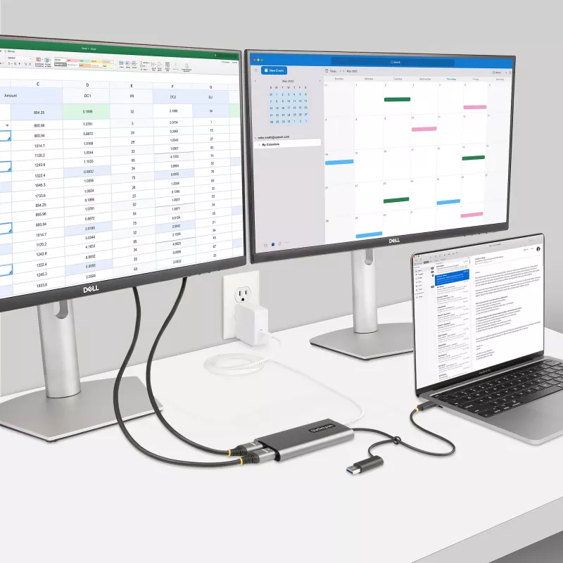 StarTech.com USB-C į dvigubą HDMI adapterį - USB-C arba A į 2x HDMI - 4K 60Hz - 100W maitinimo perdavimas - 1 pėdos (30 cm) integruotas kabelis - USB į HDMI kelių monitorių keitiklis nešiojamam kompiuteriui - TAA