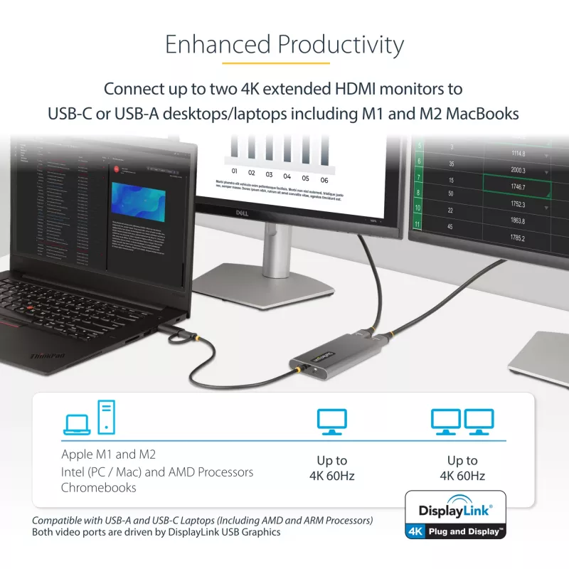 StarTech.com USB-C į dvigubą HDMI adapterį - USB-C arba A į 2x HDMI - 4K 60Hz - 100W maitinimo perdavimas - 1 pėdos (30 cm) integruotas kabelis - USB į HDMI kelių monitorių keitiklis nešiojamam kompiuteriui - TAA