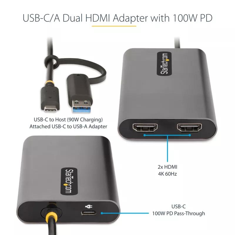 StarTech.com USB-C į dvigubą HDMI adapterį - USB-C arba A į 2x HDMI - 4K 60Hz - 100W maitinimo perdavimas - 1 pėdos (30 cm) integruotas kabelis - USB į HDMI kelių monitorių keitiklis nešiojamam kompiuteriui - TAA