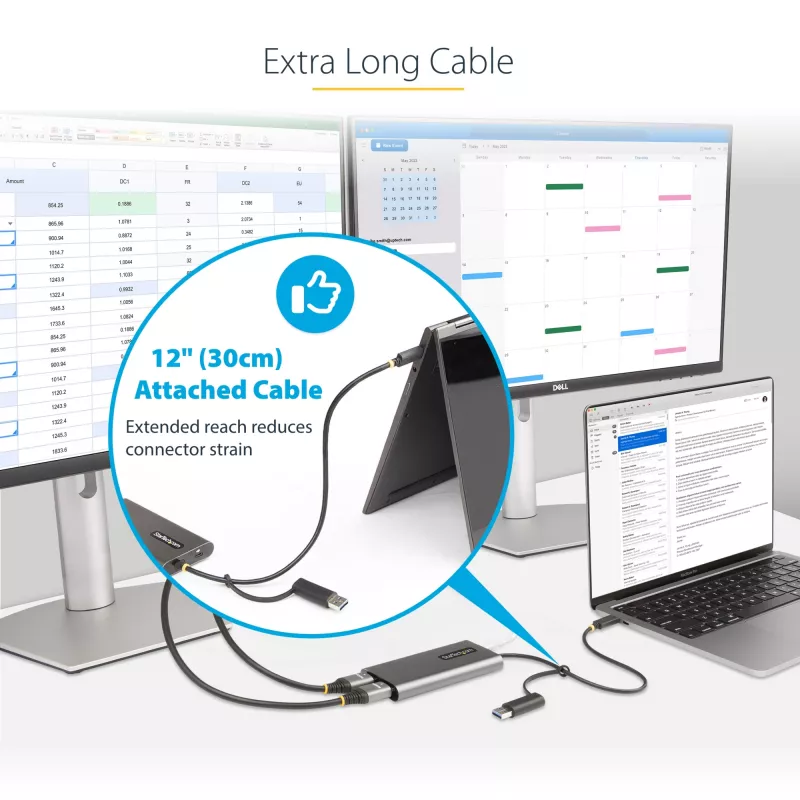 StarTech.com USB-C į dvigubą HDMI adapterį - USB-C arba A į 2x HDMI - 4K 60Hz - 100W maitinimo perdavimas - 1 pėdos (30 cm) integruotas kabelis - USB į HDMI kelių monitorių keitiklis nešiojamam kompiuteriui - TAA