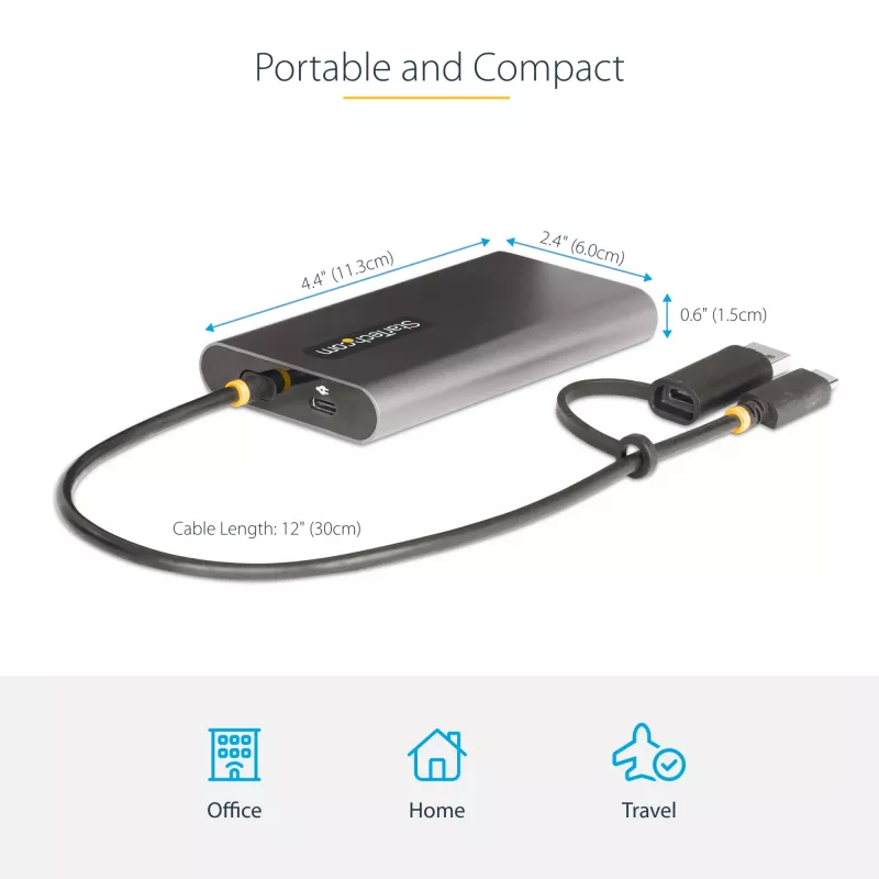 StarTech.com USB-C į dvigubą HDMI adapterį - USB-C arba A į 2x HDMI - 4K 60Hz - 100W maitinimo perdavimas - 1 pėdos (30 cm) integruotas kabelis - USB į HDMI kelių monitorių keitiklis nešiojamam kompiuteriui - TAA