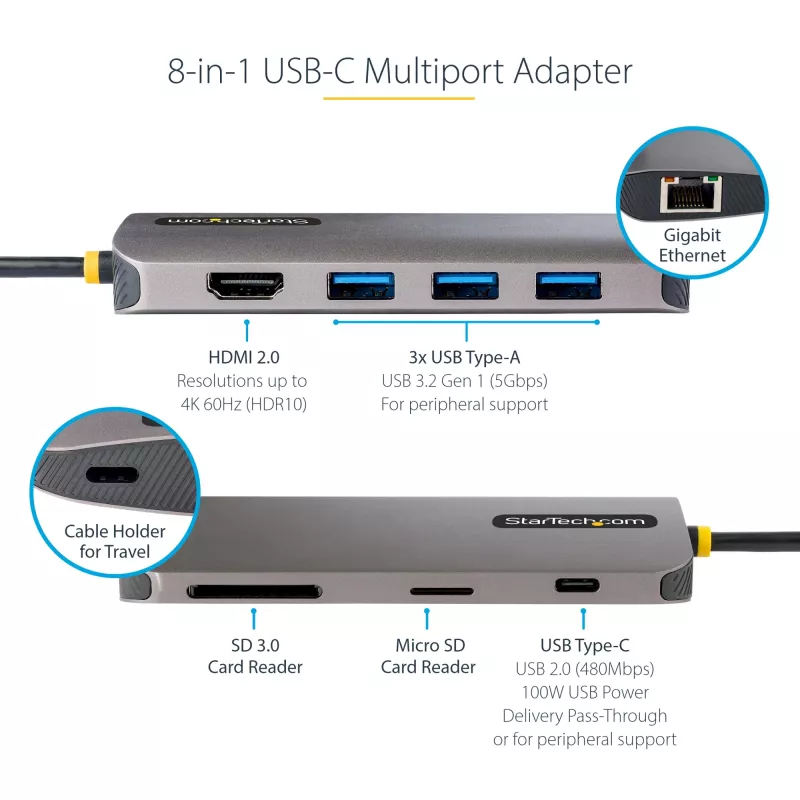 StarTech.com USB-C universali jungtis, 4K 60Hz HDMI vaizdo išvestis, 3 prievadų 5 Gbps USB-A šakotuvas, 100 W USB maitinimo perdavimas / GbE / SD / MicroSD, 30 cm laidas, nešiojama nešiojamojo kompiuterio dokinimo stotelė
