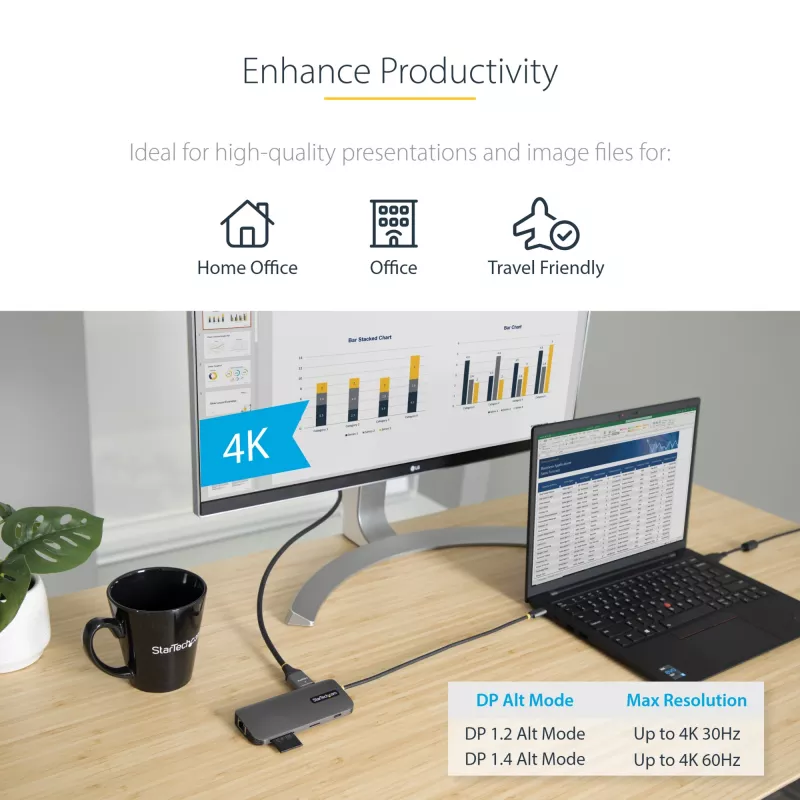 StarTech.com USB-C universali jungtis, 4K 60Hz HDMI vaizdo išvestis, 3 prievadų 5 Gbps USB-A šakotuvas, 100 W USB maitinimo perdavimas / GbE / SD / MicroSD, 30 cm laidas, nešiojama nešiojamojo kompiuterio dokinimo stotelė