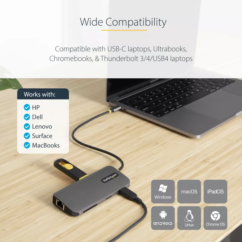 StarTech.com USB-C universali jungtis, 4K 60Hz HDMI vaizdo išvestis, 3 prievadų 5 Gbps USB-A šakotuvas, 100 W USB maitinimo perdavimas / GbE / SD / MicroSD, 30 cm laidas, nešiojama nešiojamojo kompiuterio dokinimo stotelė