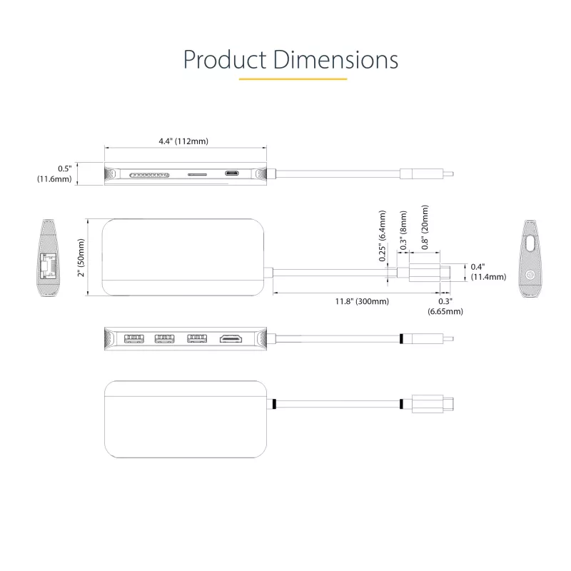 StarTech.com USB-C universali jungtis, 4K 60Hz HDMI vaizdo išvestis, 3 prievadų 5 Gbps USB-A šakotuvas, 100 W USB maitinimo perdavimas / GbE / SD / MicroSD, 30 cm laidas, nešiojama nešiojamojo kompiuterio dokinimo stotelė