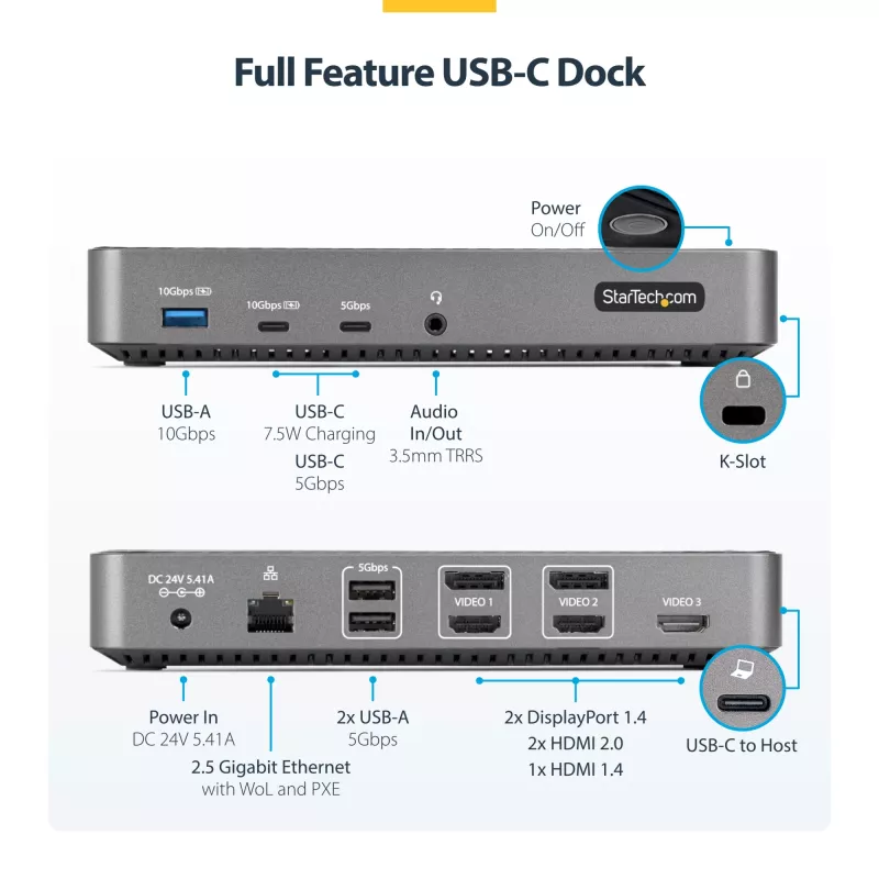 StarTech.com USB-C trijų monitorių dokavimo stotis - HDMI/DP trigubas 4k USB-C dokas - 5x USB šakotuvas - GbE - 100W PD - universali kelių monitorių dokavimo stotis - suderinama su Thunderbolt 3/4
