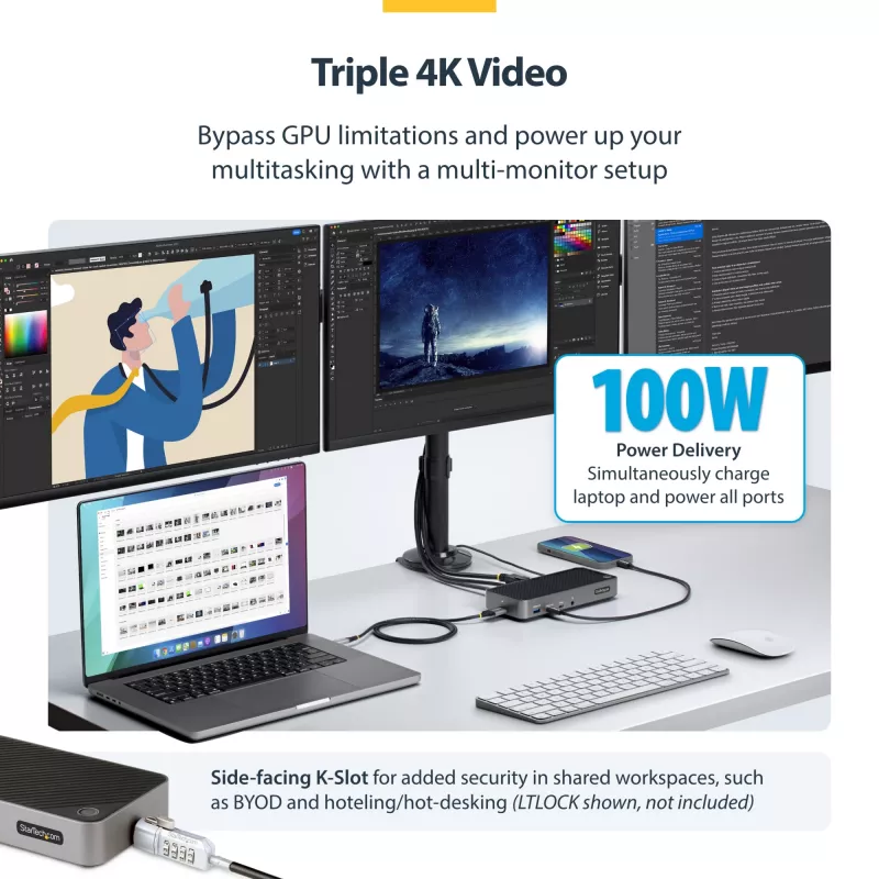 StarTech.com USB-C trijų monitorių dokavimo stotis - HDMI/DP trigubas 4k USB-C dokas - 5x USB šakotuvas - GbE - 100W PD - universali kelių monitorių dokavimo stotis - suderinama su Thunderbolt 3/4