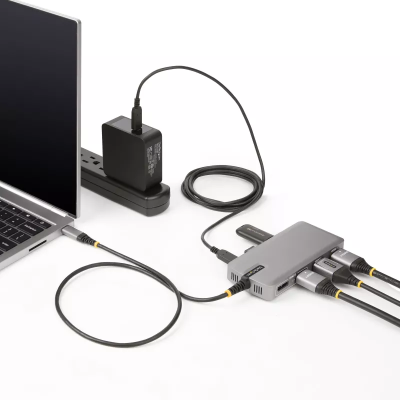 StarTech.com USB-C trigubo monitoriaus daugiafunkcis adapteris, dviguba 4K 60Hz + 4K 30Hz HDMI ir DisplayPort, 3 prievadų USB 10Gbps šakotuvas, 100W PD pralaidumas, GbE, kelioninė dokinė stotelė, Windows ir ChromeOS