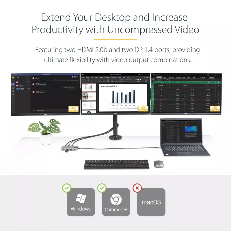 StarTech.com USB-C trigubo monitoriaus daugiafunkcis adapteris, dviguba 4K 60Hz + 4K 30Hz HDMI ir DisplayPort, 3 prievadų USB 10Gbps šakotuvas, 100W PD pralaidumas, GbE, kelioninė dokinė stotelė, Windows ir ChromeOS
