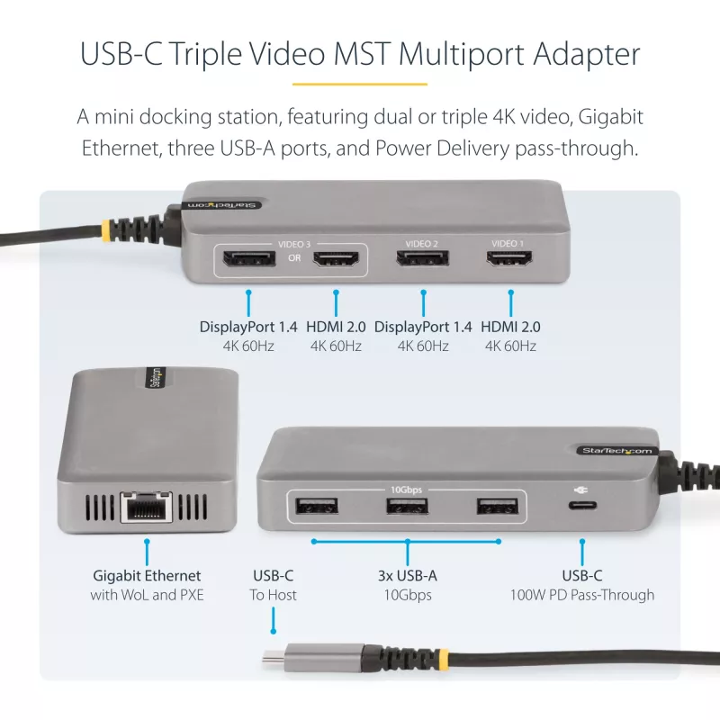 StarTech.com USB-C trigubo monitoriaus daugiafunkcis adapteris, dviguba 4K 60Hz + 4K 30Hz HDMI ir DisplayPort, 3 prievadų USB 10Gbps šakotuvas, 100W PD pralaidumas, GbE, kelioninė dokinė stotelė, Windows ir ChromeOS