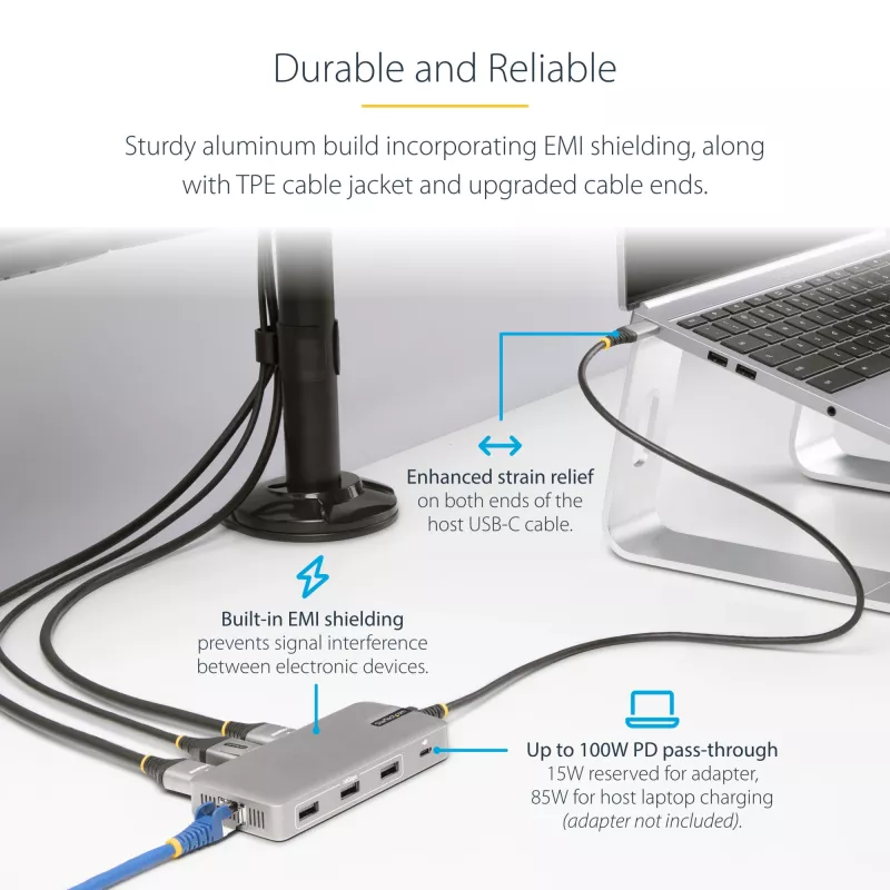 StarTech.com USB-C trigubo monitoriaus daugiafunkcis adapteris, dviguba 4K 60Hz + 4K 30Hz HDMI ir DisplayPort, 3 prievadų USB 10Gbps šakotuvas, 100W PD pralaidumas, GbE, kelioninė dokinė stotelė, Windows ir ChromeOS