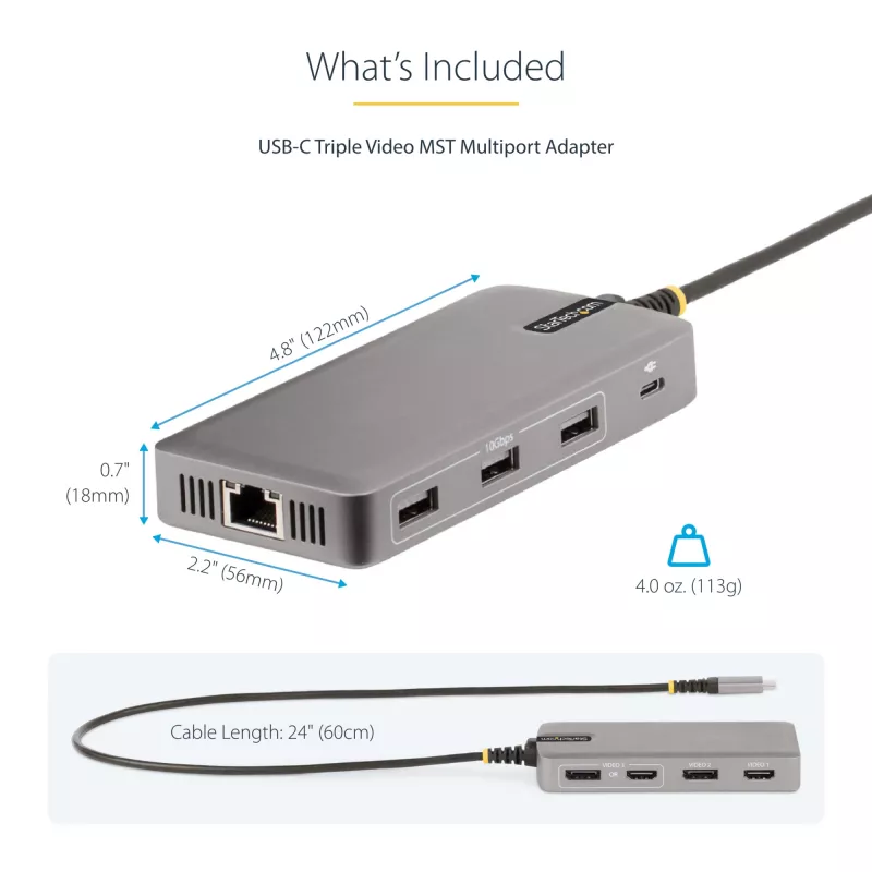StarTech.com USB-C trigubo monitoriaus daugiafunkcis adapteris, dviguba 4K 60Hz + 4K 30Hz HDMI ir DisplayPort, 3 prievadų USB 10Gbps šakotuvas, 100W PD pralaidumas, GbE, kelioninė dokinė stotelė, Windows ir ChromeOS