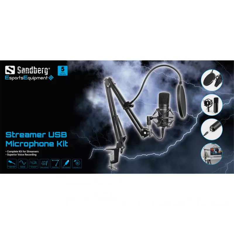 Sandberg Streamer USB mikrofonų rinkinys, Studijinis mikrofonas, -27 dB, 30 - 16000 Hz, 24 bitai, 96 kHz, Vienkryptis