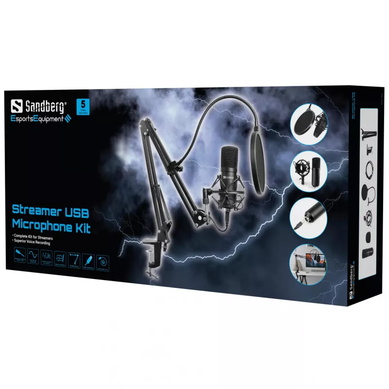 Sandberg Streamer USB mikrofonų rinkinys, Studijinis mikrofonas, -27 dB, 30 - 16000 Hz, 24 bitai, 96 kHz, Vienkryptis