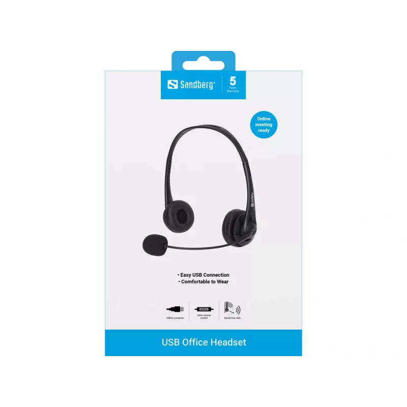 Sandberg USB Office Headset, laidinis, biurui/skambučių centrui, 20 - 20000 Hz, 94 g, ausinės, juodos