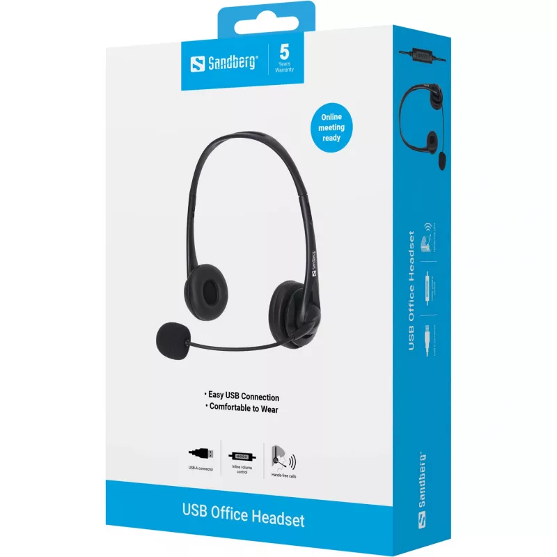 Sandberg USB Office Headset, laidinis, biurui/skambučių centrui, 20 - 20000 Hz, 94 g, ausinės, juodos