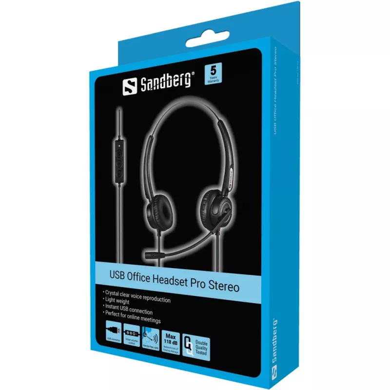 Sandberg USB Office Headset Pro Stereo, laidinis, biurui/skambučių centrui, 20 - 20000 Hz, 115 g, ausinės, juoda