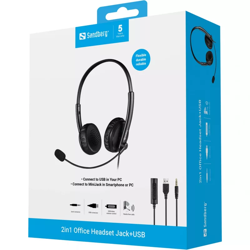 Sandberg 2in1 Office Headset Jack+USB, laidinis, biurui/skambučių centrui, 20 - 20000 Hz, 110 g, ausinės, juoda