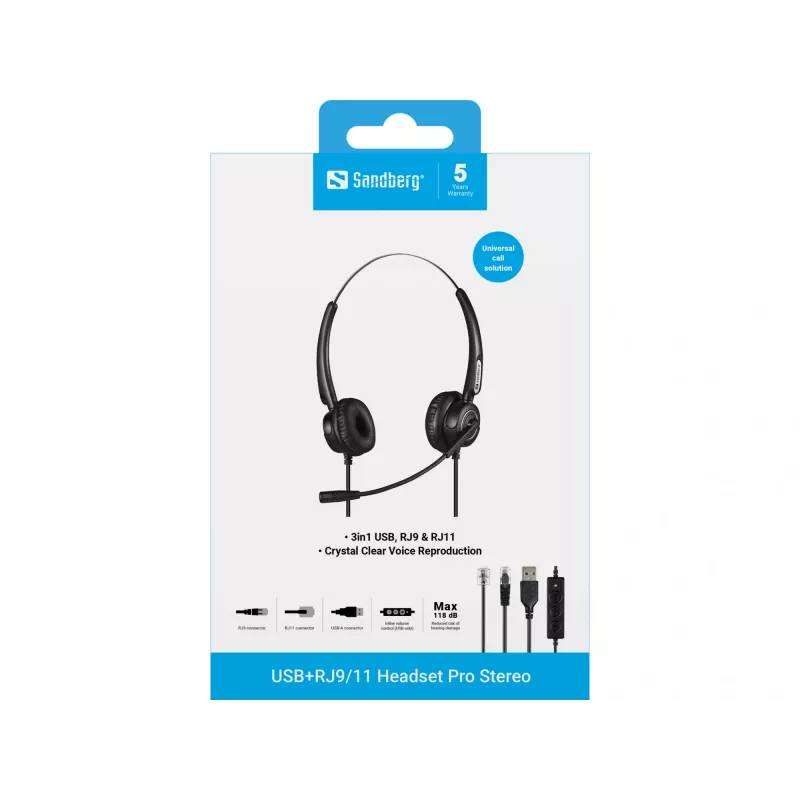 Sandberg USB+RJ9/11 laisvų rankų įranga Pro Stereo, laidinė, biurui/skambučių centrui, 20–7000 Hz, ausinės, juoda