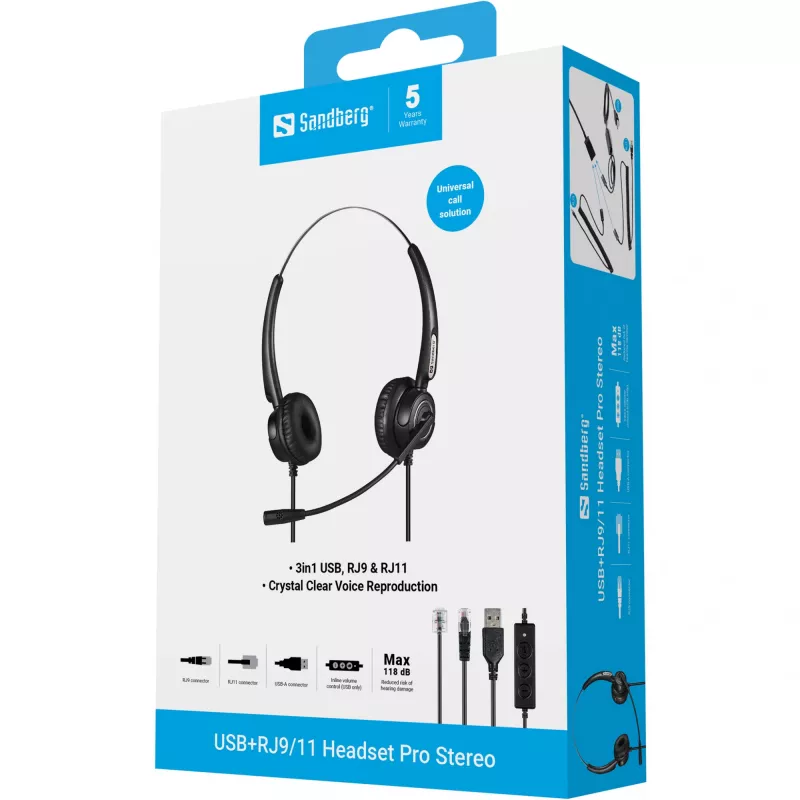 Sandberg USB+RJ9/11 laisvų rankų įranga Pro Stereo, laidinė, biurui/skambučių centrui, 20–7000 Hz, ausinės, juoda
