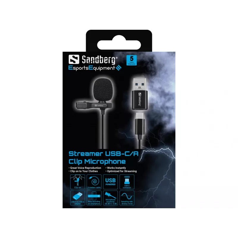 Sandberg Streamer USB prisegamas mikrofonas, petlichny/lavallier mikrofonas, -38 dB, 50–18000 Hz, 16 bitų, 48 kHz, 84 dB
