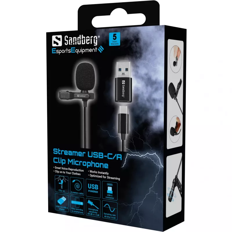 Sandberg Streamer USB prisegamas mikrofonas, petlichny/lavallier mikrofonas, -38 dB, 50–18000 Hz, 16 bitų, 48 kHz, 84 dB