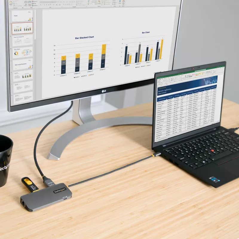 StarTech.com USB C kelių prievadų adapteris, 4K 60Hz HDMI vaizdo, 3 prievadų 5Gbps USB šakotuvas, 100W Power Delivery perdavimas, GbE, 12 colių/30 cm kabelis, Mini kelioninis dokas, nešiojamojo kompiuterio dokavimo stotelė
