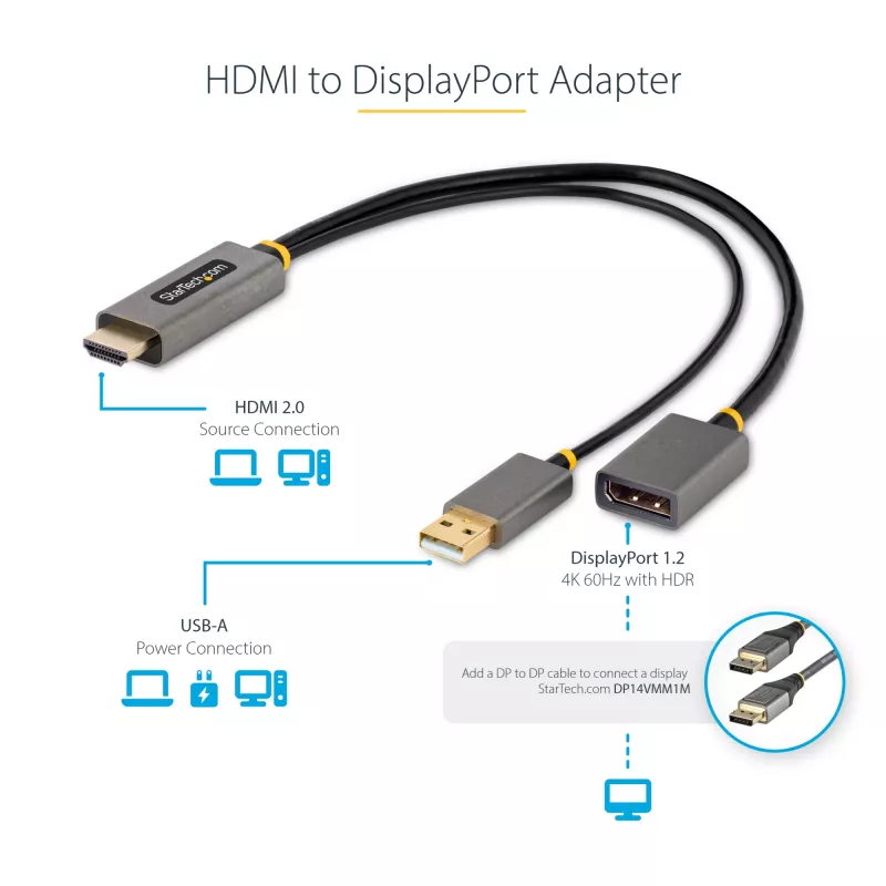 StarTech.com 30 cm HDMI į DisplayPort adapterio kabelis, aktyvus 4K 60Hz HDMI 2.0 į DP 1.2 keitiklis, HDR, maitinamas per USB magistralę, HDMI šaltinis į DisplayPort monitorių nešiojamiesiems / stacionariems kompiuteriams