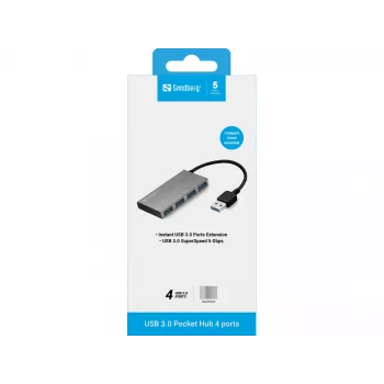 „Sandberg“ USB 3.0 kišeninis šakotuvas, 4 prievadai, USB 3.2 Gen 1 (3.1 Gen 1) Type-A, USB 3.2 Gen 1 (3.1 Gen 1) Type-A, 5000 Mbit/s, balta, aliuminis, RoHS