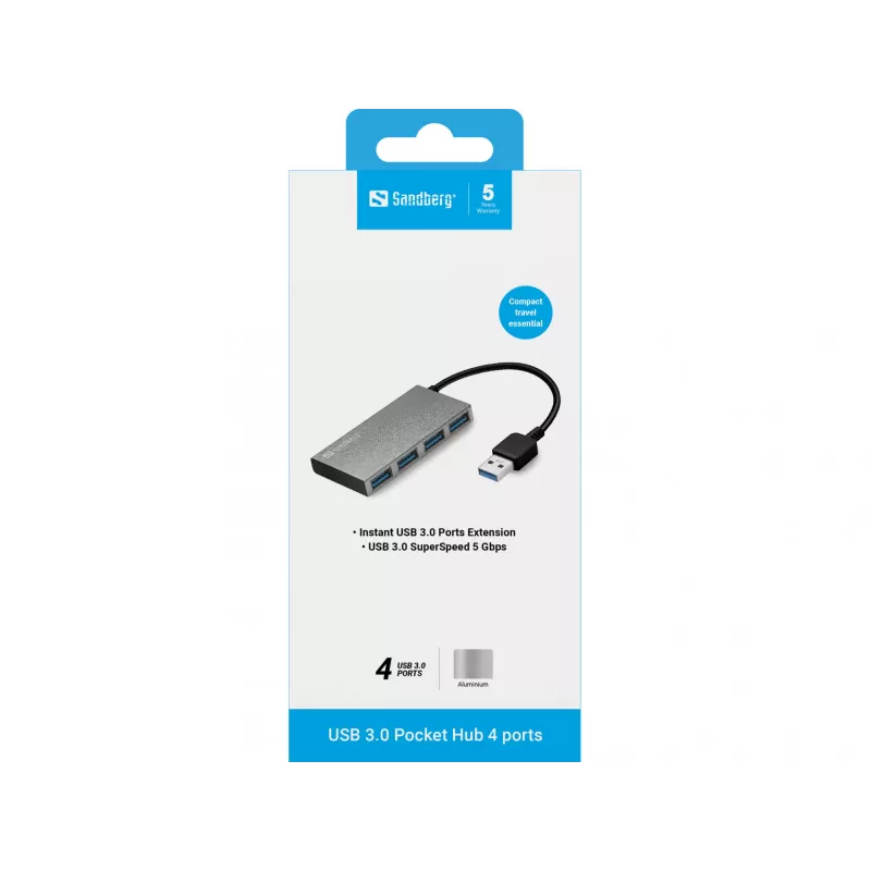 „Sandberg“ USB 3.0 kišeninis šakotuvas, 4 prievadai, USB 3.2 Gen 1 (3.1 Gen 1) Type-A, USB 3.2 Gen 1 (3.1 Gen 1) Type-A, 5000 Mbit/s, balta, aliuminis, RoHS