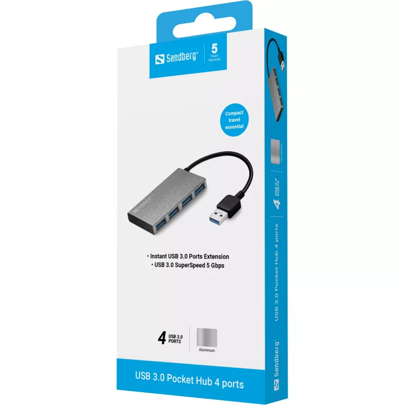 „Sandberg“ USB 3.0 kišeninis šakotuvas, 4 prievadai, USB 3.2 Gen 1 (3.1 Gen 1) Type-A, USB 3.2 Gen 1 (3.1 Gen 1) Type-A, 5000 Mbit/s, balta, aliuminis, RoHS