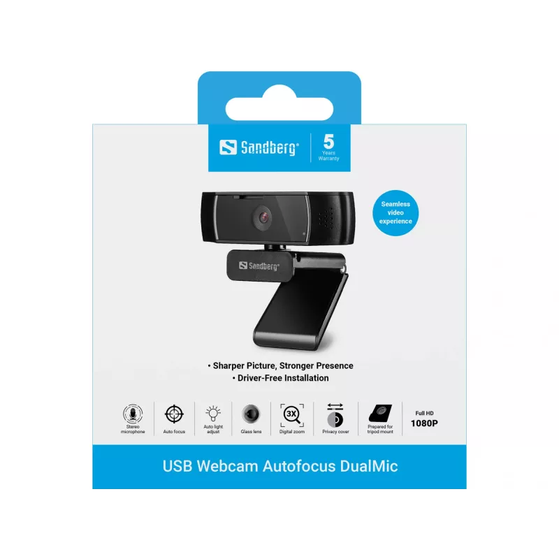 Sandberg USB internetinė kamera Autofocus DualMic, 2,07 MP, 1920 x 1080 pikselių, Full HD, 30 kadrų/s, 70°, 70°