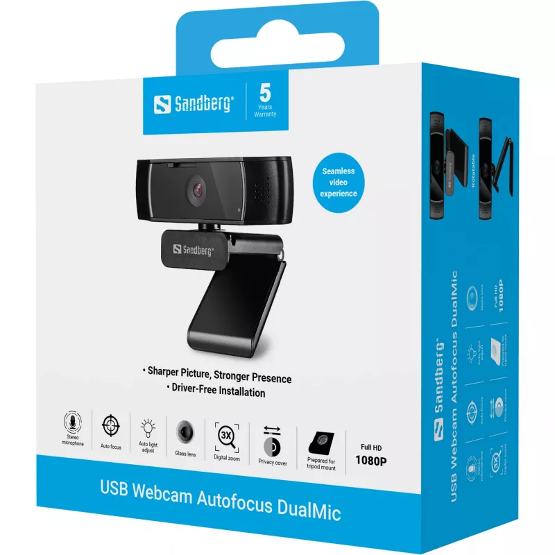 Sandberg USB internetinė kamera Autofocus DualMic, 2,07 MP, 1920 x 1080 pikselių, Full HD, 30 kadrų/s, 70°, 70°
