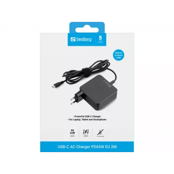 Sandberg USB-C AC Charger PD65W EU 2M, vidaus, kintamoji srovė, 20 V, 1 m, juoda