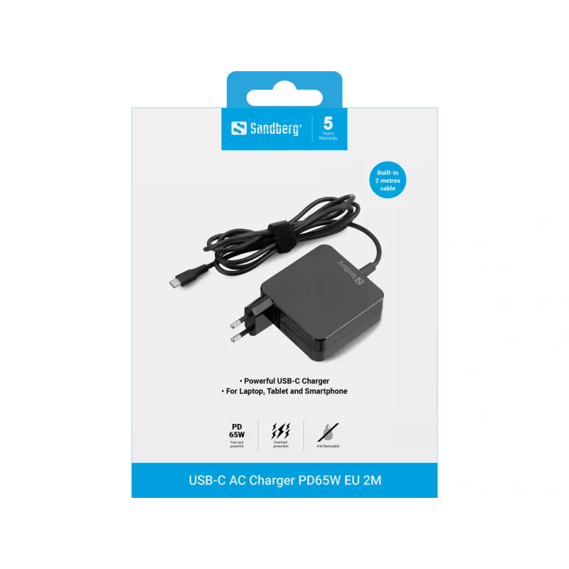 Sandberg USB-C AC Charger PD65W EU 2M, vidaus, kintamoji srovė, 20 V, 1 m, juoda