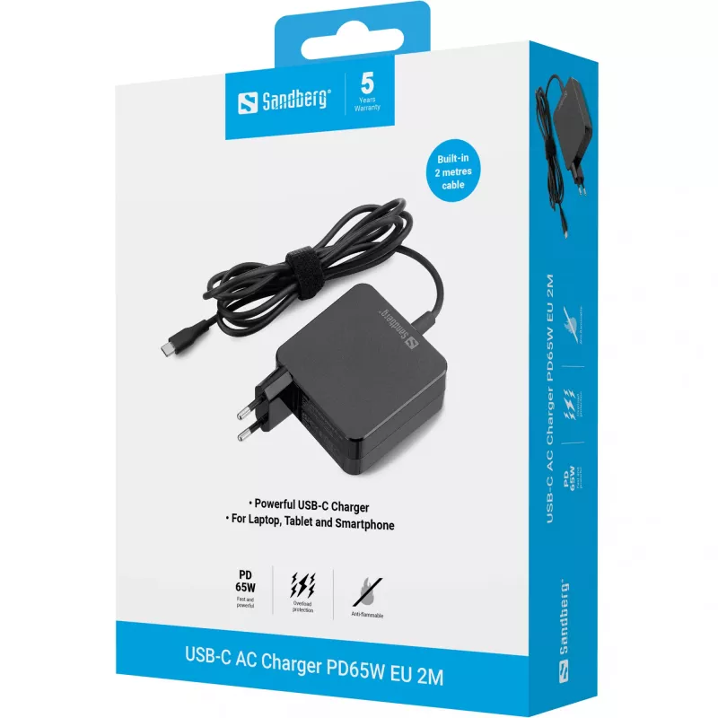 Sandberg USB-C AC Charger PD65W EU 2M, vidaus, kintamoji srovė, 20 V, 1 m, juoda