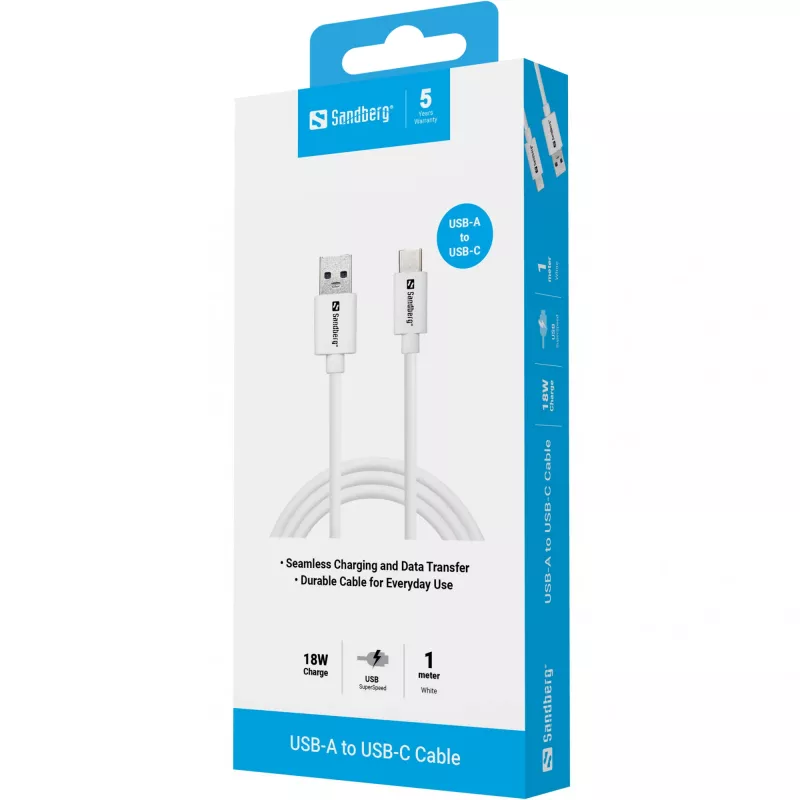 Sandberg USB-C 3.1 USB-A 3.0 1M, 1 m, USB A, USB C, USB 3.2 Gen 1 (3.1 Gen 1), kištukas/kištukas, balta