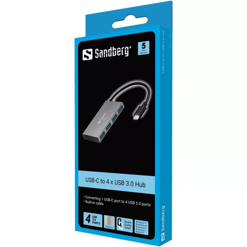 “Sandberg” USB-C į 4 x USB 3.0 Kišeninis šakotuvas, USB 3.2 Gen 1 (3.1 Gen 1) Type-C, USB 3.2 Gen 1 (3.1 Gen 1) Type-A, Baltas, Aliuminis, RoHS, Windows 10, Windows 7, Windows 8