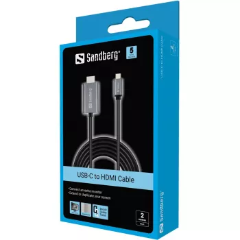 Sandberg USB-C į HDMI kabelis 2 m, 2 m, USB Type-C, HDMI, vyriškas, vyriškas, tiesus