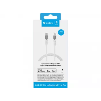 Sandberg USB-C PD to Lightning MFI 1M PRO, 1 m, Lightning, USB C, Vyriška, Vyriška, Balta