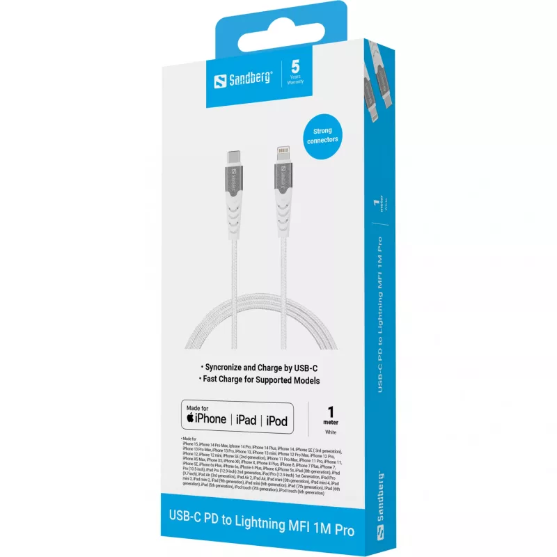 Sandberg USB-C PD to Lightning MFI 1M PRO, 1 m, Lightning, USB C, Vyriška, Vyriška, Balta