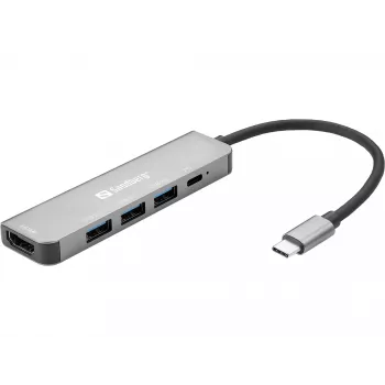 Sandberg USB-C dokas HDMI+3xUSB+PD 100W, Laidinis, USB 3.2 Gen 1 (3.1 Gen 1) Type-C, 100 W, Pilka, 4K Ultra HD, Aliuminis